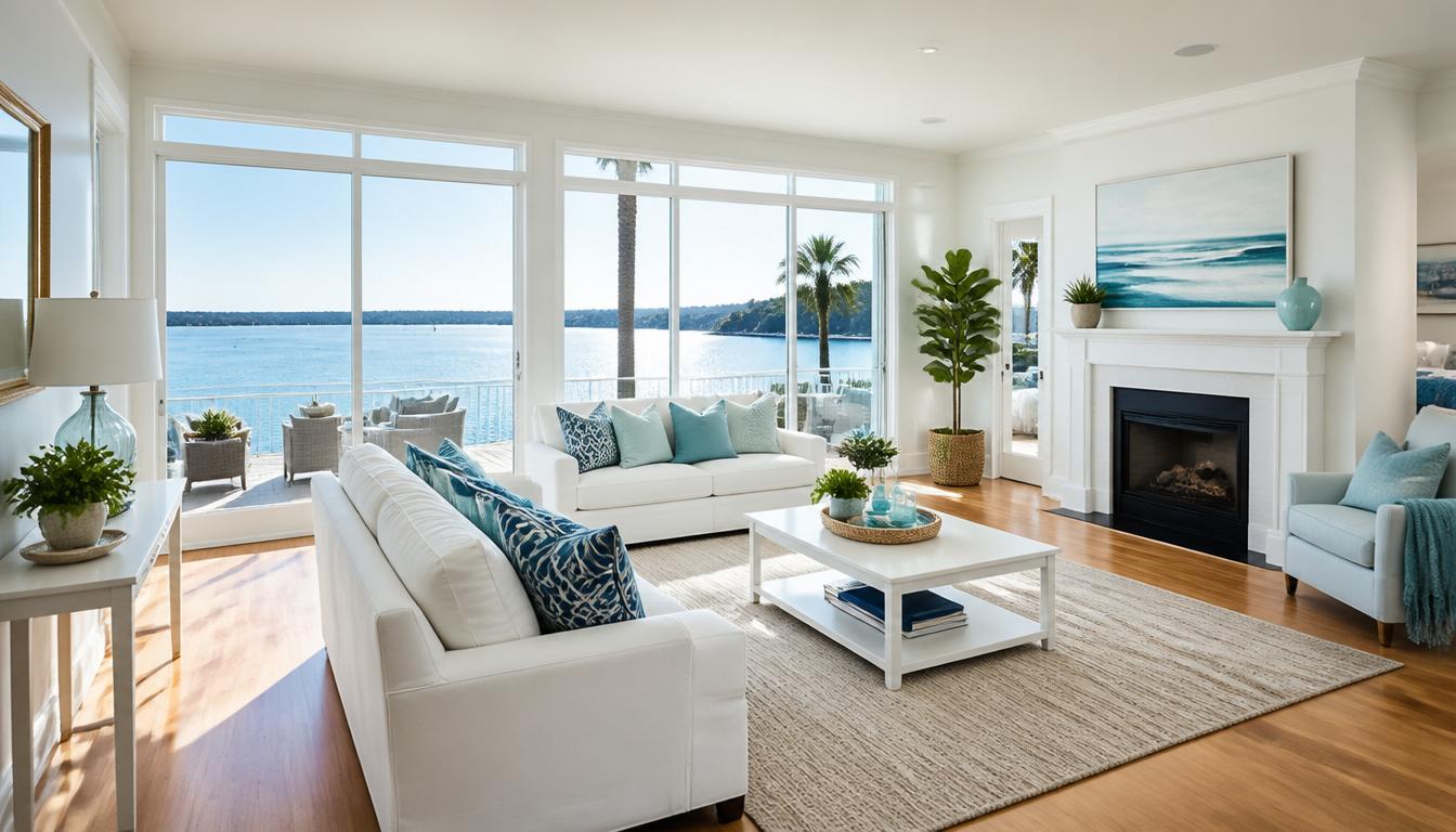 Bright, clean coastal living room with bay views